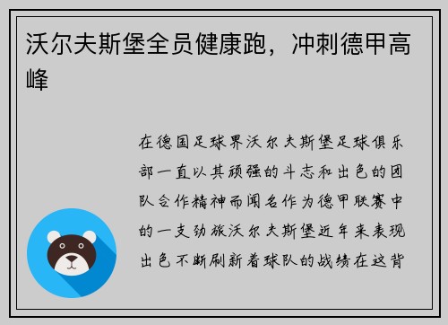 沃尔夫斯堡全员健康跑，冲刺德甲高峰